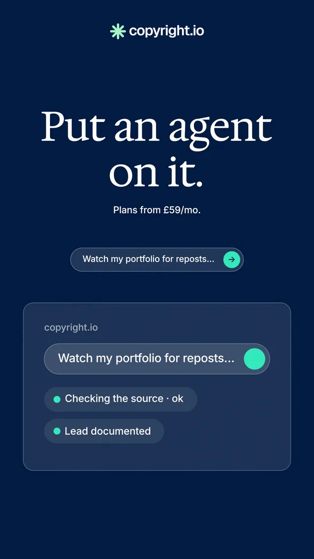 Instagram story for copyright.io: "Put an agent on it." Agentic glass style, centred layout, dark palette in blue.
