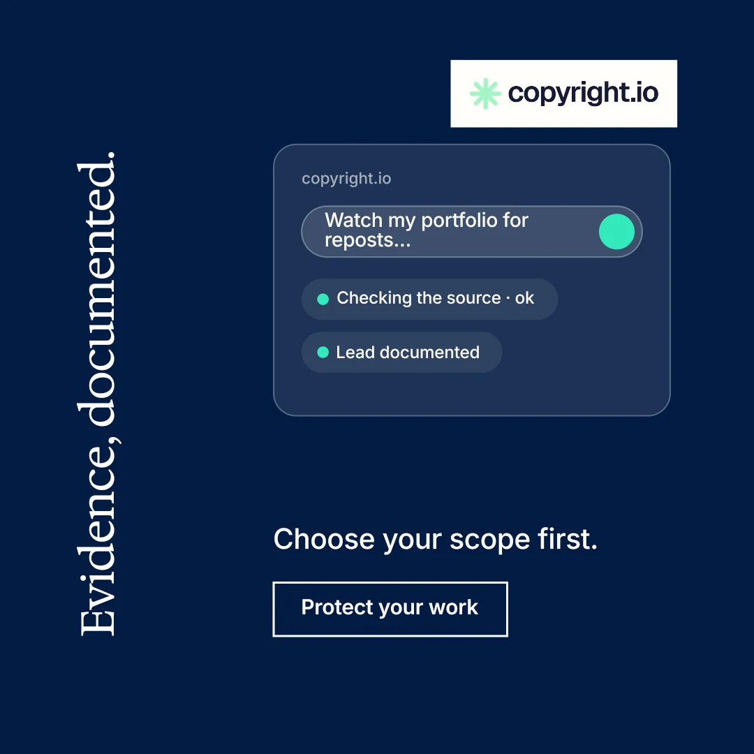 Instagram post for copyright.io: "Evidence, documented." Editorial style, vertical layout, dark palette in blue.