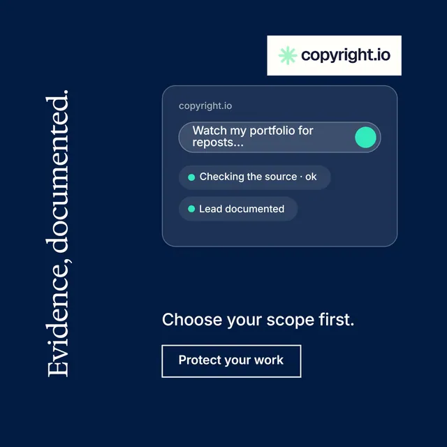 Instagram post for copyright.io: "Evidence, documented." Editorial style, vertical layout, dark palette in blue.