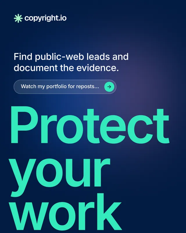 Instagram portrait post for copyright.io: "See the plan first." Agentic glass style, oversized layout, dark palette in blue, teal.