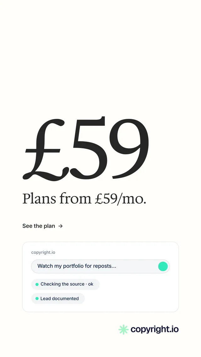 Instagram story for copyright.io: "Protect your work." Minimal luxury style, stat layout, light palette in white.