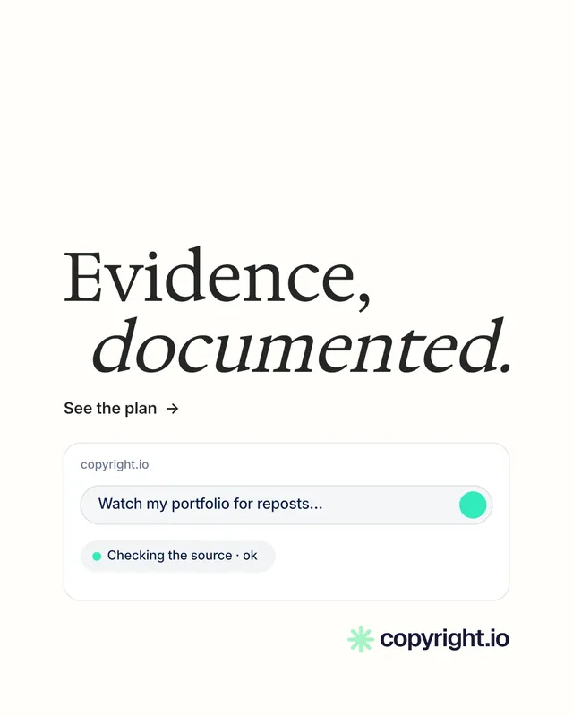 Instagram portrait post for copyright.io: "Evidence, documented." Minimal luxury style, stacked layout, light palette in white.