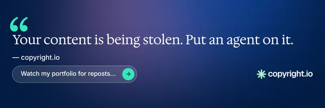 X header for copyright.io: "Put an agent on it." Agentic glass style, quote layout, dark palette in blue.