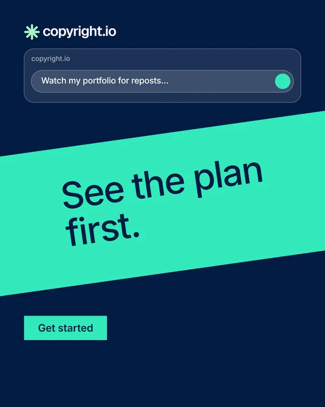 Instagram portrait post for copyright.io: "See the plan first." Swiss style, diagonal layout, dark palette in blue, teal.