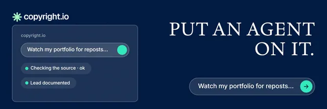 X header for copyright.io: "Put an agent on it." Agentic glass style, right layout, dark palette in blue.