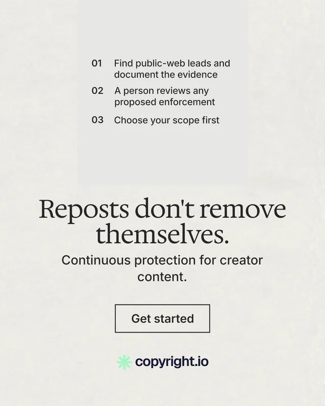 Instagram portrait post for copyright.io: "Reposts don't remove themselves." Editorial style, skeleton layout, light palette in white, grey.