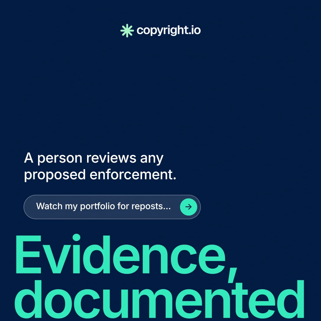 Instagram post for copyright.io: "Reposts don't remove themselves." Agentic glass style, oversized layout, dark palette in blue, teal.