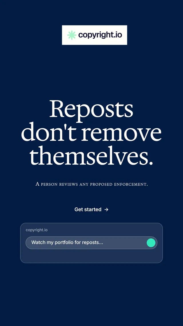 Instagram story for copyright.io: "Reposts don't remove themselves." Editorial style, smallcaps layout, dark palette in blue.