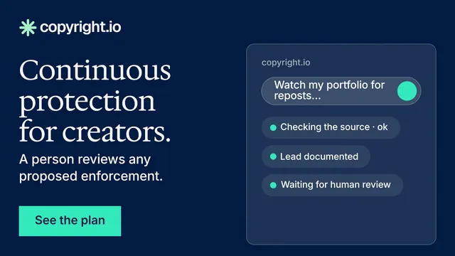 Landscape graphic for copyright.io: "Continuous protection for creators." Split block style, bottom layout, dark palette in blue.