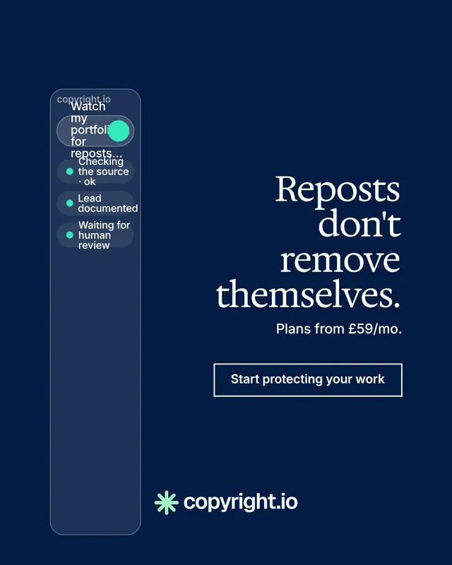 Instagram portrait post for copyright.io: "Reposts don't remove themselves." Editorial style, right layout, dark palette in blue.