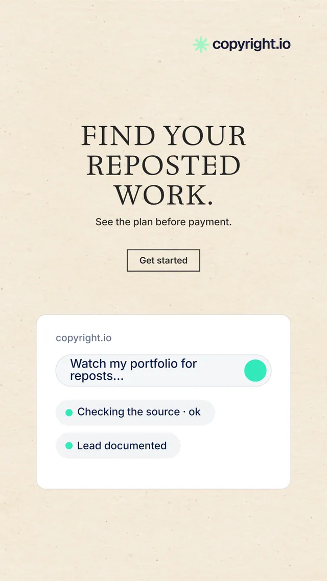 Instagram story for copyright.io: "Find your reposted work." Editorial style, centred layout, light palette in orange, white.
