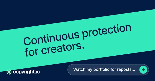 Social ad for copyright.io: "Continuous protection for creators." Agentic glass style, diagonal layout, dark palette in teal, blue.