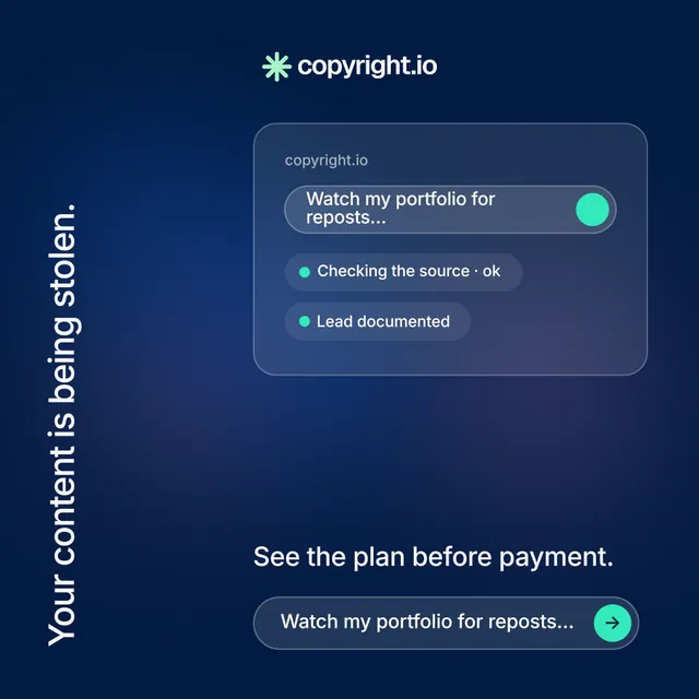 Instagram post for copyright.io: "Your content is being stolen." Agentic glass style, vertical layout, dark palette in blue.