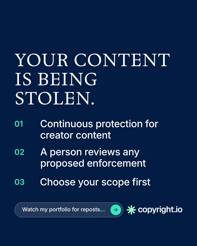 Instagram portrait post for copyright.io: "Your content is being stolen." Agentic glass style, numbered layout, dark palette in blue.