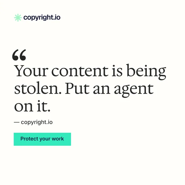 Instagram post for copyright.io: "Continuous protection for creators." Swiss style, quote layout, light palette in white, grey.
