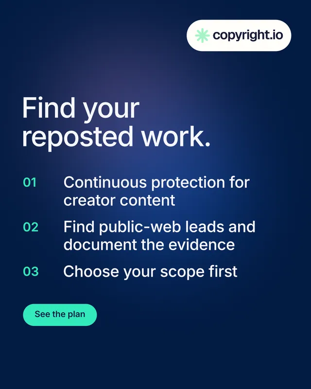 Instagram portrait post for copyright.io: "Find your reposted work." Y2K style, numbered layout, dark palette in blue.