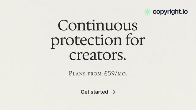 Landscape graphic for copyright.io: "Continuous protection for creators." Editorial style, smallcaps layout, light palette in white, grey.