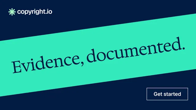 Landscape graphic for copyright.io: "Evidence, documented." Editorial style, diagonal layout, dark palette in teal, blue.