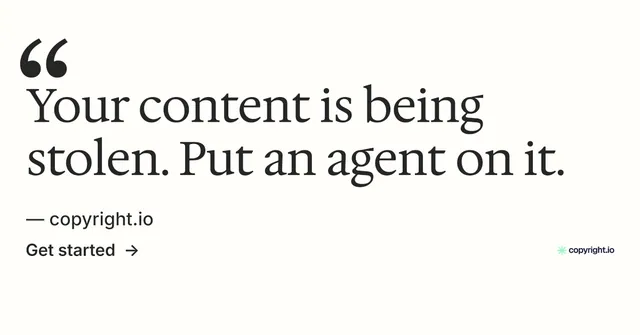 Social ad for copyright.io: "Reposts don't remove themselves." Minimal luxury style, quote layout, light palette in white, grey.