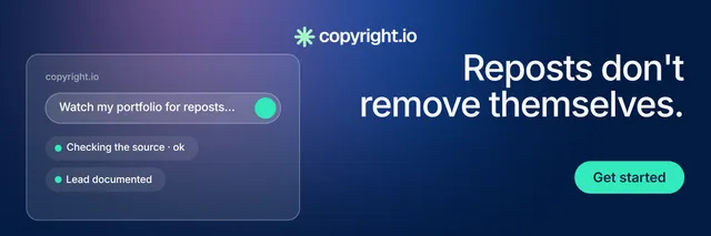 X header for copyright.io: "Reposts don't remove themselves." Y2K style, right layout, dark palette in blue.