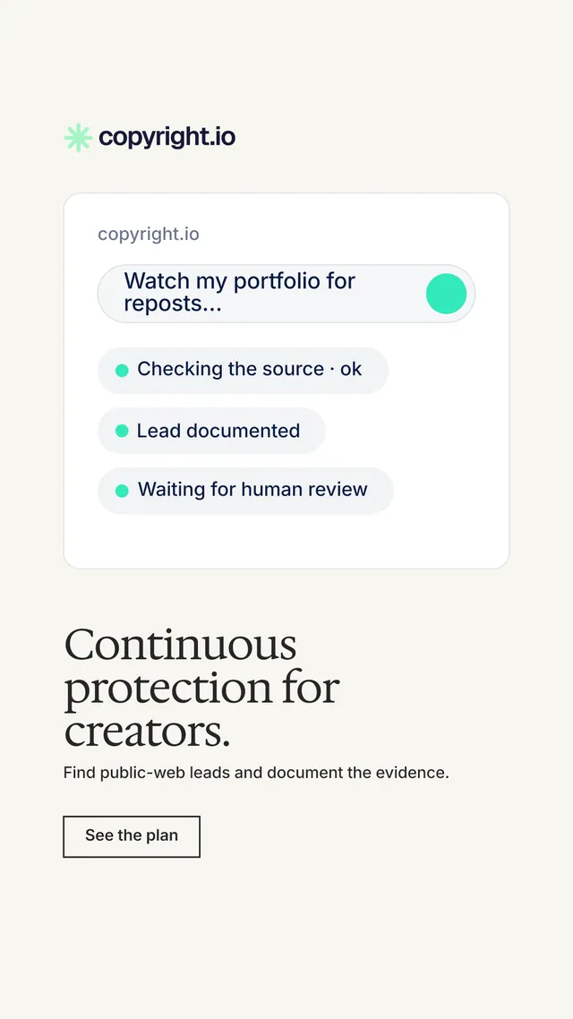 Instagram story for copyright.io: "Continuous protection for creators." Editorial style, bottom layout, light palette in white.
