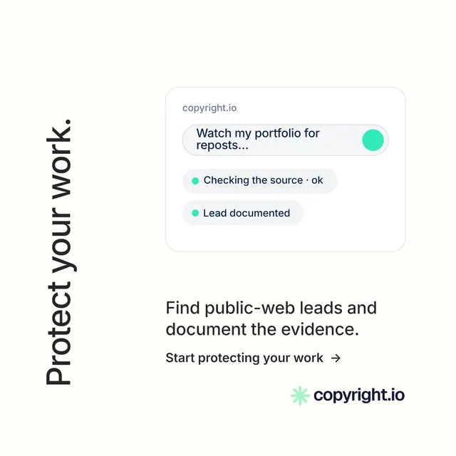 Instagram post for copyright.io: "Protect your work." Minimal luxury style, vertical layout, light palette in white.