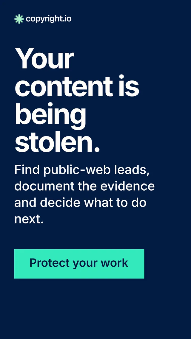 Instagram story for copyright.io: "Your content is being stolen." Swiss style, skeleton layout, dark palette in blue, teal.