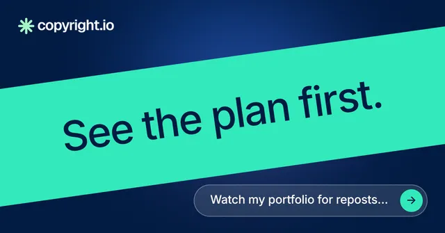 Social ad for copyright.io: "See the plan first." Agentic glass style, diagonal layout, light palette in teal, blue.