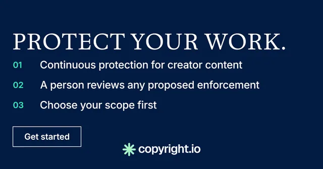 Social ad for copyright.io: "Protect your work." Editorial style, numbered layout, dark palette in blue.