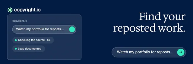 X header for copyright.io: "Find your reposted work." Agentic glass style, right layout, dark palette in blue.