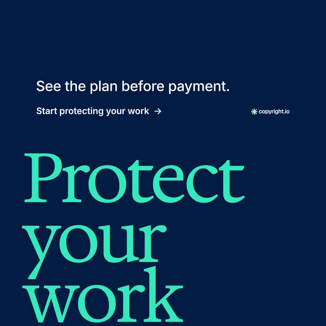 Instagram post for copyright.io: "Find your reposted work." Minimal luxury style, oversized layout, dark palette in blue, teal.