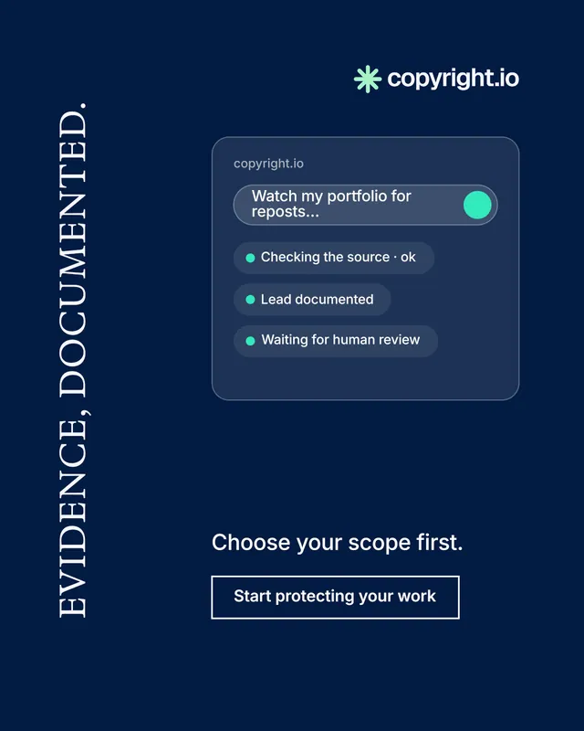 Instagram portrait post for copyright.io: "Evidence, documented." Editorial style, vertical layout, dark palette in blue.