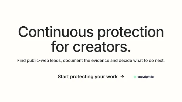 Landscape graphic for copyright.io: "Continuous protection for creators." Minimal luxury style, centred layout, light palette in white, grey.