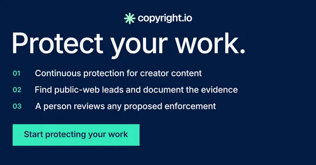 Social ad for copyright.io: "Protect your work." Split block style, numbered layout, dark palette in blue, teal.