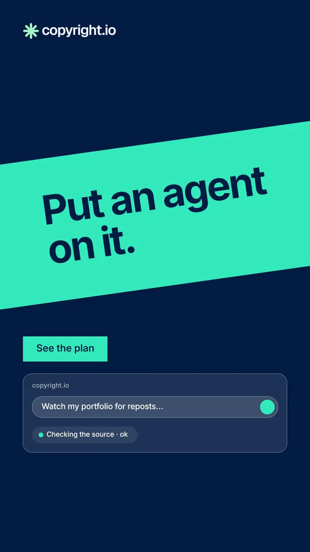 Instagram story for copyright.io: "Put an agent on it." Swiss style, diagonal layout, dark palette in blue, teal.