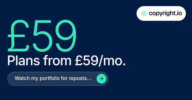 Social ad for copyright.io: "Continuous protection for creators." Agentic glass style, stat layout, dark palette in blue.