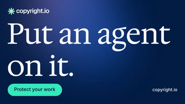 Landscape graphic for copyright.io: "Put an agent on it." Y2K style, poster layout, dark palette in blue.