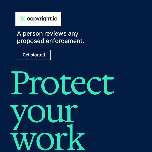Instagram post for copyright.io: "Continuous protection for creators." Editorial style, oversized layout, dark palette in blue, teal.