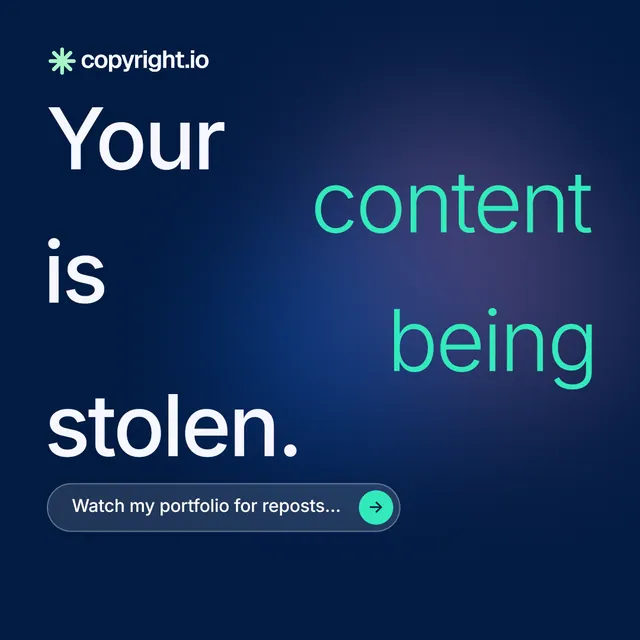 Instagram post for copyright.io: "Your content is being stolen." Agentic glass style, stacked layout, dark palette in blue.