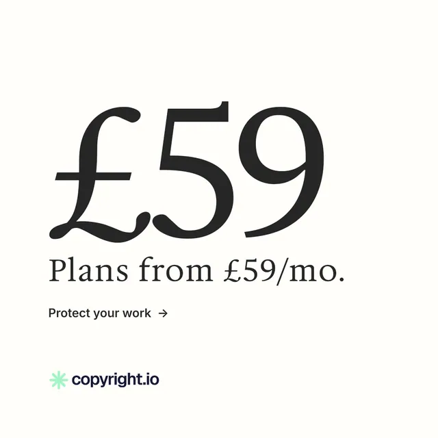 Instagram post for copyright.io: "Your content is being stolen." Minimal luxury style, stat layout, light palette in white, grey.