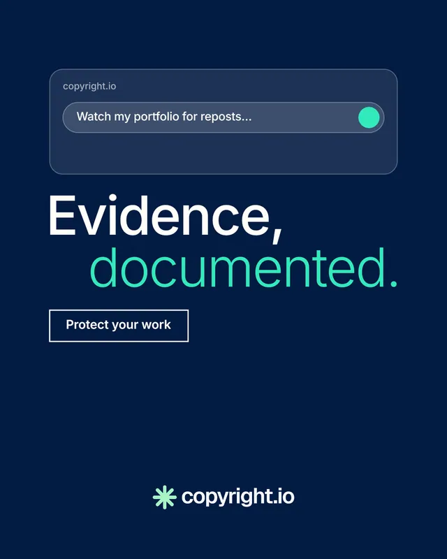 Instagram portrait post for copyright.io: "Evidence, documented." Editorial style, stacked layout, dark palette in blue.
