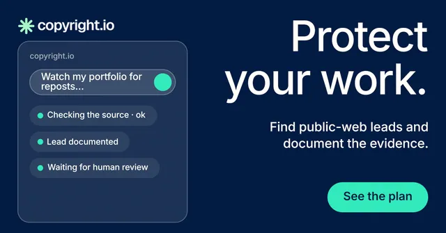 Social ad for copyright.io: "Protect your work." Y2K style, right layout, dark palette in blue.