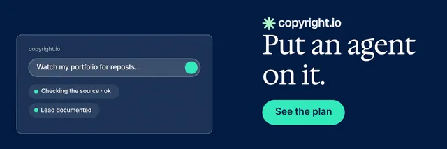 X header for copyright.io: "Put an agent on it." Agentic glass style, skeleton layout, dark palette in blue.