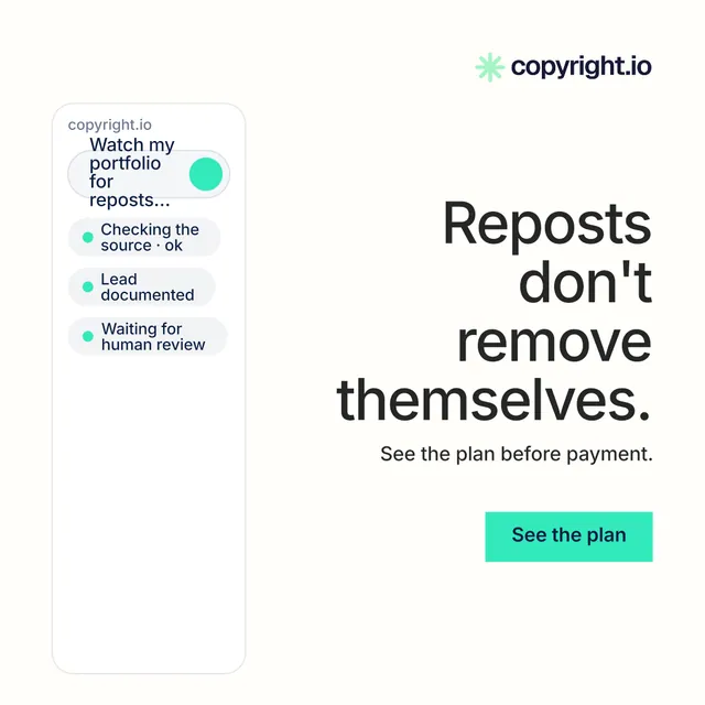 Instagram post for copyright.io: "Reposts don't remove themselves." Swiss style, right layout, light palette in white.