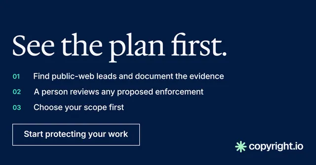 Social ad for copyright.io: "See the plan first." Editorial style, numbered layout, dark palette in blue.