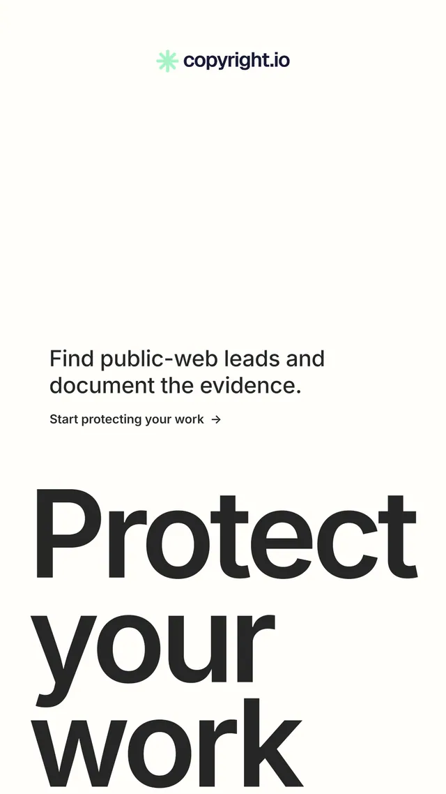 Instagram story for copyright.io: "Protect your work." Minimal luxury style, oversized layout, light palette in white, grey.
