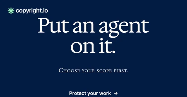 Social ad for copyright.io: "Put an agent on it." Swiss style, smallcaps layout, dark palette in blue.