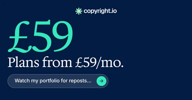 Social ad for copyright.io: "Protect your work." Agentic glass style, stat layout, dark palette in blue.