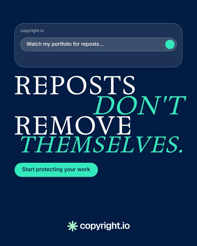 Instagram portrait post for copyright.io: "Reposts don't remove themselves." Y2K style, stacked layout, dark palette in blue.