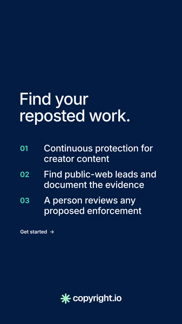 Instagram story for copyright.io: "Find your reposted work." Minimal luxury style, numbered layout, dark palette in blue.